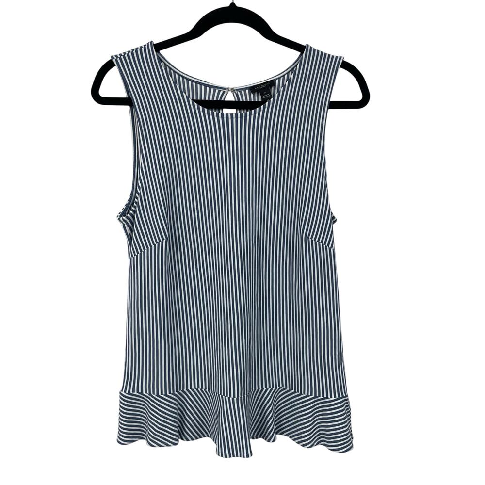 Ann Taylor Factory Blue White Striped Ruffle Hem Tank Top Womens Medium